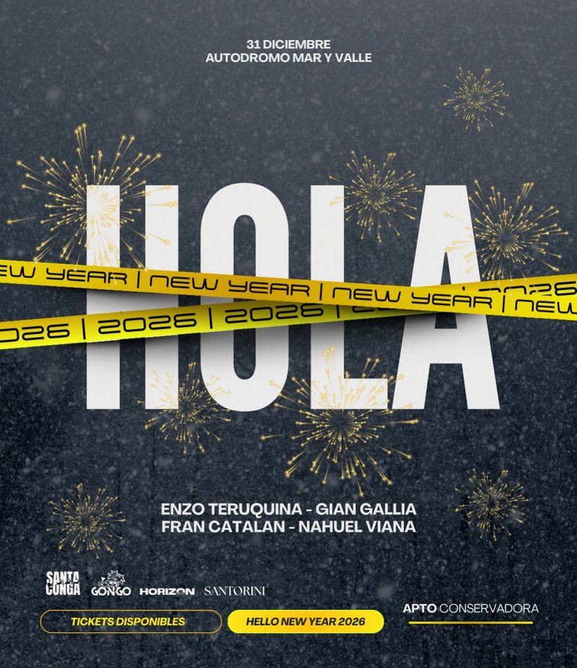 Flyer de una edición anterior de Santorini: Hola New Year 2026 — 31 DIC 2025 · AUTÓDROMO MAR Y VALLE