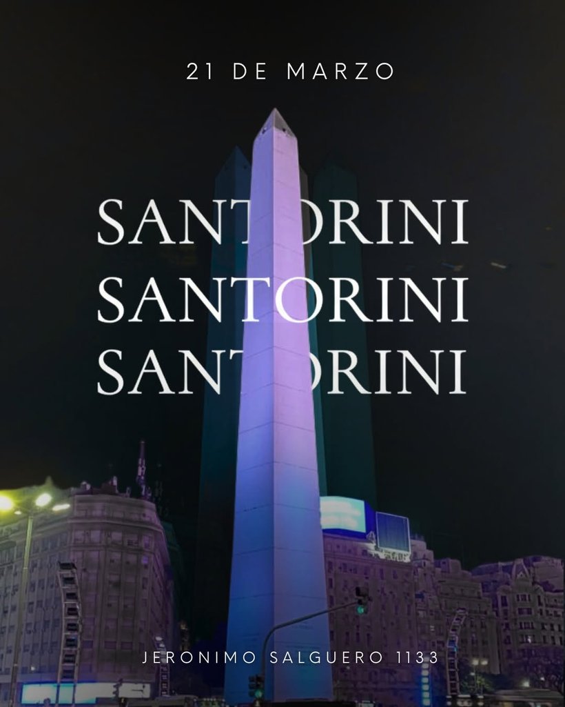 Flyer de una edición anterior de Santorini: Santorini Buenos Aires — 21 MAR 2026 · SALGUERO 1133