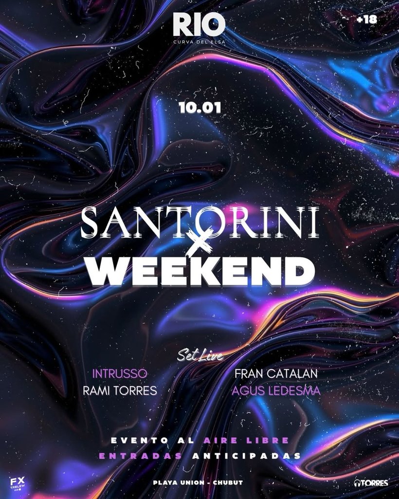 Flyer de una edición anterior de Santorini: Santorini × Weekend — 10 ENE 2026 · PLAYA UNIÓN