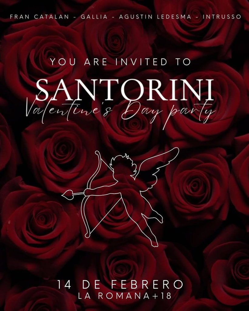 Flyer de una edición anterior de Santorini: Valentine's Night — 14 FEB 2026 · LA ROMANA