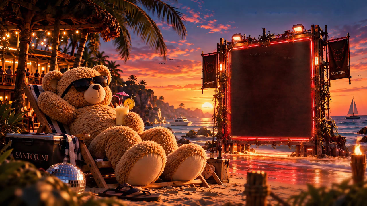 Atardecer en la playa: el oso gigante de Santorini descansa en su reposera frente a una gran instalación luminosa del próximo evento