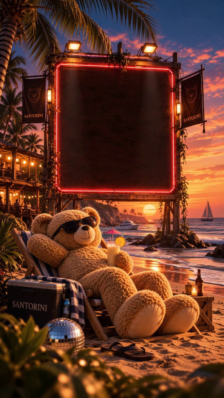 Atardecer en la playa: el oso gigante de Santorini descansa en su reposera frente a una gran instalación luminosa del próximo evento